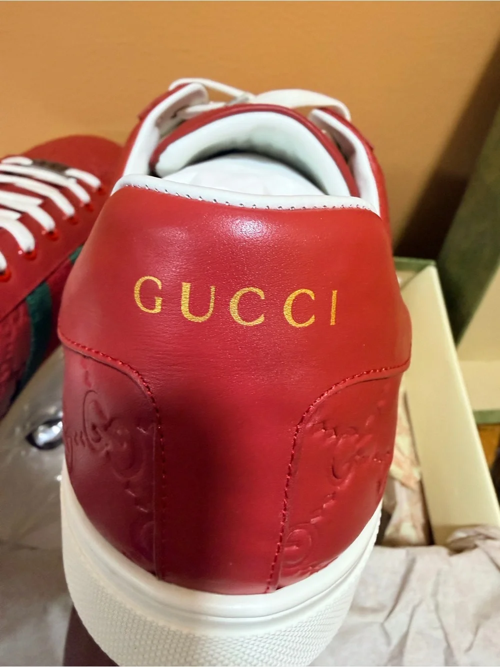 Gucci Red Leather ACE Sneakers with White Laces